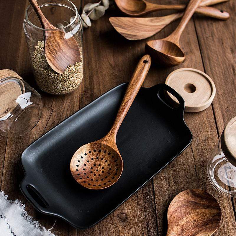 EcoCraft Teak Wooden Utensil Set – Elegant 7-Piece Kitchen Essentials for Sustainable Cooking