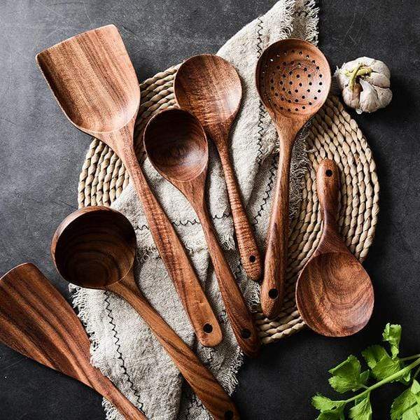 EcoCraft Teak Wooden Utensil Set – Elegant 7-Piece Kitchen Essentials for Sustainable Cooking
